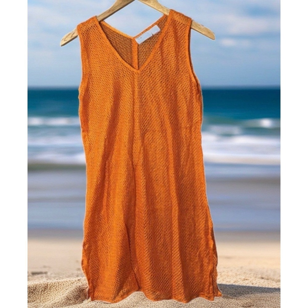 Y2K Trendy Looks Mesh Knit Tunic Women Medium Orange V-Neck Rayon Coverup - Picture 12 of 13